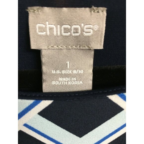 Chico's Knit Stretch Dress 1 Aqua Navy Blue White Geometric Work Church D1 - Picture 2 of 8